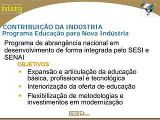 SESI
SENAI
Expansão e articulação da educação
básica, profissional e tecnológica
Interiorização da oferta de educação
Flexibilização de metodologias e
investimentos em modernização
OBJETIVOSOBJETIVOS
Programa de abrangência nacional em
desenvolvimento de forma integrada pelo SESI e
SENAI
CONTRIBUIÇÃO DA INDÚSTRIA
Programa Educação para Nova Indústria
 