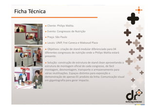 Ficha Técnica

            + Cliente: Philips Walita.
            + Evento: Congressos de Nutrição
            + Praça: São Paulo
            + Locais: UNIP, Frei Caneca e Maksoud Plaza

            + Objetivos: criação de stand modular diferenciado para 04
            diferentes congressos de nutrição onde a Philips Walita estará
            presente.

            + Solução: construção de estrutura de stand clean aproveitando a
            estrutura de montagem oficial de cada congresso, de fácil
            montagem, desmontagem, transporte e armazenamento para
            várias reutilizações. Espaços distintos para exposição e
            demonstração de apenas 01 produto da linha. Comunicação visual
            em gigantografia para gerar impacto.
 