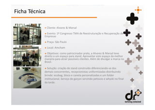 Ficha Técnica

            + Cliente: Alvarez & Marsal
            + Evento: 1º Congresso TMA de Reestruturação e Recuperação de
            Empresas
            + Praça: São Paulo
            + Local: Amcham
            + Objetivos: como patrocinador prata, a Alvarez & Marsal teve
            direito a um espaço para stand. Aproveitar este espaço da melhor
            maneira para atrair possíveis clientes. Além de divulgar a marca no
            Brasil.

            + Solução: criação de stand construído diferenciando-se dos
            demais concorrentes, recepcionistas uniformizadas distribuindo
            brinde: ecobag, bloco e caneta personalizadas e um folder
            institucional. Serviço de garçon servindo petiscos e whyski no final
            da tarde.
 