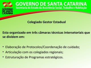 Esta organizado em três câmaras técnicas intersetoriais que
se dividem em:
• Elaboração de Protocolos/Coordenação de cuidado;
• Articulação com os colegiados regionais;
• Estruturação de Programas estratégicos.
Colegiado Gestor Estadual
 