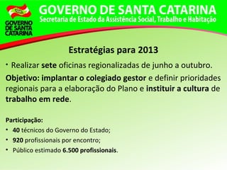 • Realizar sete oficinas regionalizadas de junho a outubro.
Objetivo: implantar o colegiado gestor e definir prioridades
regionais para a elaboração do Plano e instituir a cultura de
trabalho em rede.
Participação:
• 40 técnicos do Governo do Estado;
• 920 profissionais por encontro;
• Público estimado 6.500 profissionais.
Estratégias para 2013
 
