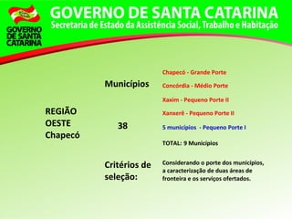 REGIÃO
OESTE
Chapecó
Municípios
Chapecó - Grande Porte
Concórdia - Médio Porte
Xaxim - Pequeno Porte II
38
Xanxerê - Pequeno Porte II
5 municípios - Pequeno Porte I
TOTAL: 9 Municípios
Critérios de
seleção:
Considerando o porte dos municípios,
a caracterização de duas áreas de
fronteira e os serviços ofertados.
 