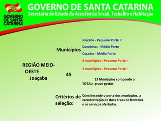 REGIÃO MEIO-
OESTE
Joaçaba
Municípios
Joaçaba - Pequeno Porte II
Canoinhas - Médio Porte
Caçador - Médio Porte
8 municípios - Pequeno Porte II
45
3 municípios - Pequeno Porte I
TOTAL:
13 Municípios compondo o
grupo gestor
Critérios de
seleção:
Considerando o porte dos municípios, a
caracterização de duas áreas de fronteira
e os serviços ofertados.
 