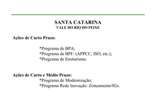 SANTA CATARINA
                        VALE DO RIO DO PEIXE

Ações de Curto Prazo:

             *Programa de BPA;
             *Programa de BPF: (APPCC, ISO, etc.);
             *Programa de Enoturismo.


Ações de Curto e Médio Prazo:
             *Programa de Modernização;
             *Programa Rede Inovação: Zoneamento/IGs.
 