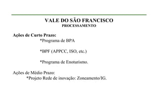 VALE DO SÃO FRANCISCO
                         PROCESSAMENTO

Ações de Curto Prazo:
             *Programa de BPA

             *BPF (APPCC, ISO, etc.)

             *Programa de Enoturismo.

Ações de Médio Prazo:
       *Projeto Rede de inovação: Zoneamento/IG.
 