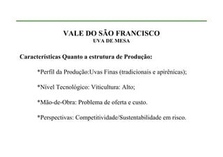 VALE DO SÃO FRANCISCO
                            UVA DE MESA


Características Quanto a estrutura de Produção:

      *Perfil da Produção:Uvas Finas (tradicionais e apirênicas);

      *Nível Tecnológico: Viticultura: Alto;

      *Mão-de-Obra: Problema de oferta e custo.

      *Perspectivas: Competitividade/Sustentabilidade em risco.
 