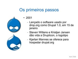 Os primeiros passos 2001 Lançado o software usado por drop.org como Drupal 1.0, em 15 de janeiro Steven Wittens e Kristjan Jansen dão vida a Druplicon, o logotipo Kjartan Mannes se oferece para hospedar drupal.org 