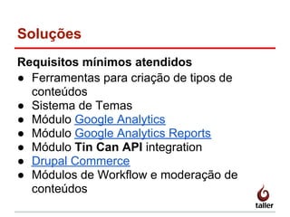 Soluções
Requisitos mínimos atendidos
● Ferramentas para criação de tipos de
conteúdos
● Sistema de Temas
● Módulo Google Analytics
● Módulo Google Analytics Reports
● Módulo Tin Can API integration
● Drupal Commerce
● Módulos de Workflow e moderação de
conteúdos
 