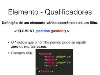 Elemento - Qualiﬁcadores
• O * indica que o nó ﬁlho pedido pode se repetir
zero ou muitas vezes.
• Exemplo XML:
<!ELEMENT pedidos (pedido*) >
Deﬁnição de um elemento várias ocorrências de um ﬁlho.
 