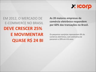EM 2012, O MERCADO DE   As 20 maiores empresas de
                        comércio eletrônico respondem
 E-COMMERCE NO BRASIL   por 60% das transações no Brasil.
DEVE CRESCER 25%
   E MOVIMENTAR         Os pequenos varejistas representam 8% do
                        comércio eletrônico, com estimativa de

    QUASE R$ 24 BI      passarem a 20% em trÍs anos.
 