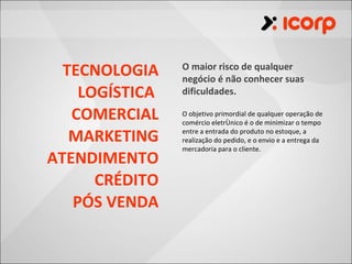 TECNOLOGIA    O maior risco de qualquer
                negócio é não conhecer suas
    LOGÍSTICA   dificuldades.

   COMERCIAL    O objetivo primordial de qualquer operação de
                comércio eletrônico é o de minimizar o tempo

   MARKETING    entre a entrada do produto no estoque, a
                realização do pedido, e o envio e a entrega da
                mercadoria para o cliente.
ATENDIMENTO
      CRÉDITO
   PÓS VENDA
 