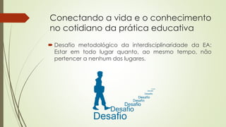 Conectando a vida e o conhecimento
no cotidiano da prática educativa
 Desafio metodológico da interdisciplinaridade da EA:
Estar em todo lugar quanto, ao mesmo tempo, não
pertencer a nenhum dos lugares.
 