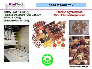 FOOD IRRADIATION
• Military Food (10-50kGy)
• Potatoes and Onions (0.05-0.15kGy)

• Bread (2-10kGy)
• Strawberries (0.2-1.0kGy)

Brazilian Agrobusiness:
43% of the total exportation

Source: IPEN-CNEN/SP

 