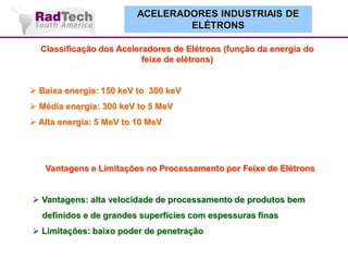ACELERADORES INDUSTRIAIS DE
ELÉTRONS
Classificação dos Aceleradores de Elétrons (função da energia do
feixe de elétrons)

 Baixa energia: 150 keV to 300 keV
 Média energia: 300 keV to 5 MeV
 Alta energia: 5 MeV to 10 MeV

Vantagens e Limitações no Processamento por Feixe de Elétrons
 Vantagens: alta velocidade de processamento de produtos bem
definidos e de grandes superfícies com espessuras finas
 Limitações: baixo poder de penetração

 