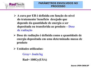 PARÂMETROS ENVOLVIDOS NO
PROCESSO

 A cura por EB é definida em função do nível
do tratamento/ beneficio desejado que
depende da quantidade de energia a ser
depositada ou transferida ao produto – Dose
de radiação
 Dose de radiação é definida como a quantidade de
energia depositada em uma determinada massa de
produto
 Unidades utilizadas:

Gray= Joule/kg
Rad= 100Gy(USA)
Source: IPEN-CNEN/SP

 