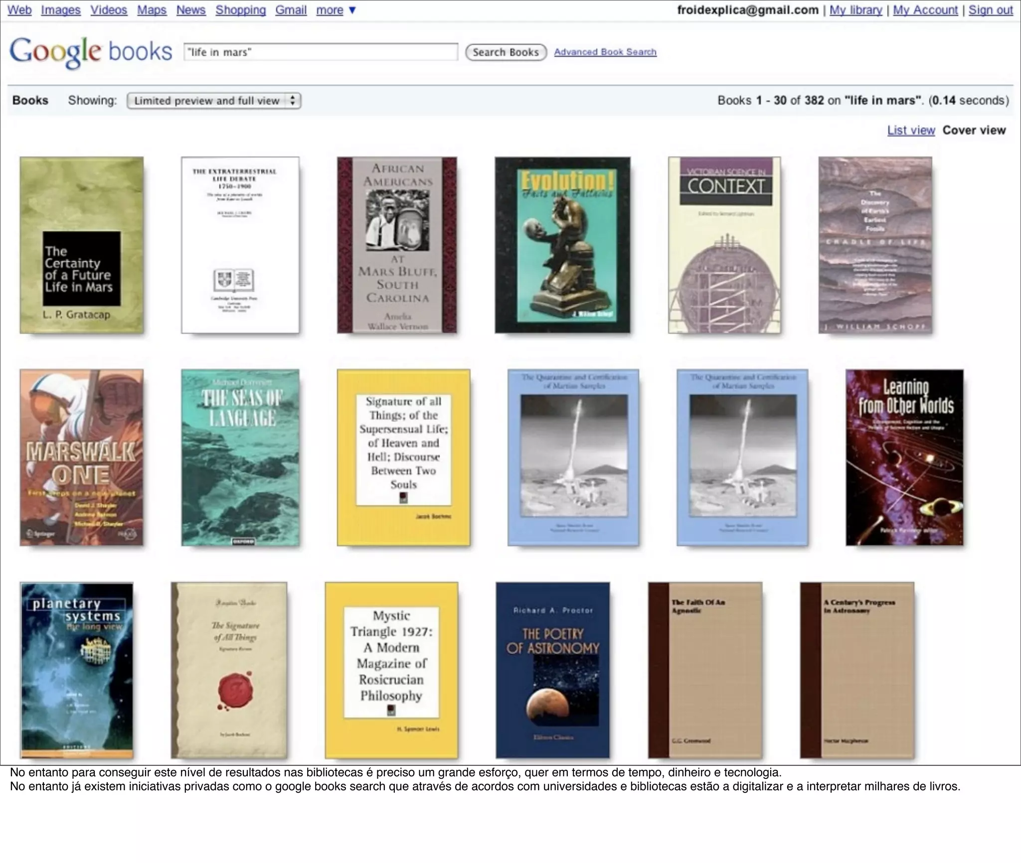 No entanto para conseguir este nível de resultados nas bibliotecas é preciso um grande esforço, quer em termos de tempo, dinheiro e tecnologia.
No entanto já existem iniciativas privadas como o google books search que através de acordos com universidades e bibliotecas estão a digitalizar e a interpretar milhares de livros.
 