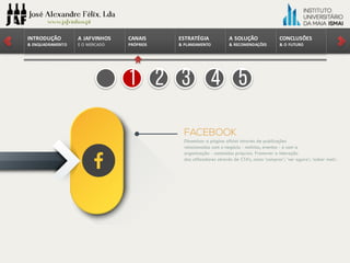 CONCLUSÕES	
&	O	FUTURO
A	SOLUÇÃO	
&	RECOMENDAÇÕES
ESTRATÉGIA
&	PLANEAMENTO
CANAIS
PRÓPRIOS
A	JAFVINHOS
E	O	MERCADO
INTRODUÇÃO
&	ENQUADRAMENTO
1 2 3 4 5
 