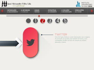 CONCLUSÕES	
&	O	FUTURO
A	SOLUÇÃO	
&	RECOMENDAÇÕES
ESTRATÉGIA
&	PLANEAMENTO
CANAIS
PRÓPRIOS
A	JAFVINHOS
E	O	MERCADO
INTRODUÇÃO	
&	ENQUADRAMENTO
1 2 3 4 5
 