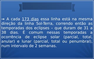→ A cada 173 dias essa linha está na mesma
direção da linha Sol-Terra, correndo então as
temporadas dos eclipses – que duram de 31 a
38 dias. É comum nessas temporadas a
ocorrência de eclipse solar (parcial, total,
anular) e lunar (parcial, total ou penumbral),
num intervalo de 2 semanas.
 