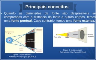 Principais conceitos
● Quando as dimensões da fonte são desprezíveis se
comparadas com a distância da fonte a outros corpos, temos
uma fonte pontual. Caso contrário, temos uma fonte extensa.
Figura 2: fonte pontual.
Retirado de: http://goo.gl/Hy64eI
Figura 1: fonte extensa.
Retirado de: http://goo.gl/kJSPOc
 