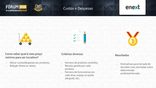 Custos e Despesas
Critérios diversos
 Número de produtos vendidos;
 Receita gerada por cada
produto;
 Número de funcionários em
cada área, espaço ocupado
(aluguel), etc;
Como saber qual é meu preço
mínimo para ser lucrativo?
 Alocar custos/despesas aos produtos;
 Relação direta ou rateio;
Resultados
 Estimativas para tomada de
decisões mais acertadas sobre
determinado
produto/mercado;
 