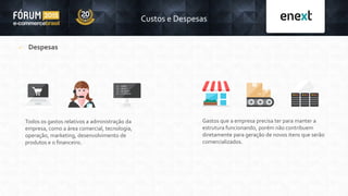 Custos e Despesas
 Despesas
Todos os gastos relativos a administração da
empresa, como a área comercial, tecnologia,
operação, marketing, desenvolvimento de
produtos e o financeiro.
Gastos que a empresa precisa ter para manter a
estrutura funcionando, porém não contribuem
diretamente para geração de novos itens que serão
comercializados.
 