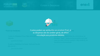 Custos e Despesas
Fixos ouVariáveis
 Custos ou Despesas Fixas: Não varia com o
volume;
 Custos ou Despesas Variáveis: Varia em função
do volume ;
(produzido ou vendido)
(produzido ou vendido)
Semi-variáveis ou Semi-fixos
 Despesa com Plataformas de e-commerce no
formato “SaaS”, onde a empresa pode contratar
com um valor mínimo mensal + valor variável, de
acordo com faturamento.
Custos podem ser atribuídos ao produto final, já
as despesas são de caráter geral, de difícil
vinculação aos produtos obtidos.
 