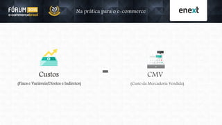 Custos
Na prática para o e-commerce
(Fixos e Variáveis/Diretos e Indiretos) (Custo da Mercadoria Vendida)
CMV=
 
