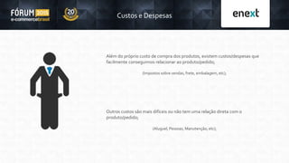 Custos e Despesas
Além do próprio custo de compra dos produtos, existem custos/despesas que
facilmente conseguimos relacionar ao produto/pedido;
(Impostos sobre vendas, frete, embalagem, etc);
Outros custos são mais difíceis ou não tem uma relação direta com o
produto/pedido;
(Aluguel, Pessoas, Manutenção, etc);
 