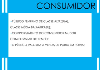 CONSUMIDOR
•PÚBLICO FEMININO DE CLASSE ALTA(EUA),

CLASSE MÉDIA BAIXA(BRASIL);

•COMPORTAMENTO DO CONSUMIDOR MUDOU

COM O PASSAR DO TEMPO;

•O PÚBLICO VALORIZA A VENDA DE PORTA EM PORTA;
 