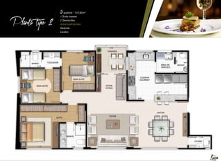 Planta tipo

2

3 quartos - 107,92m

2

1 Suíte master
2 Semisuítes
Advanced kitchen
Varanda
Lavabo

 