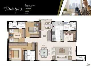 Planta tipo

3

3 quartos - 107,92m

2

1 Suíte master
2 Semisuítes
Home office
Varanda
Lavabo

 