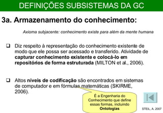 3a. Armazenamento do conhecimento: Diz respeito à representação do conhecimento existente de modo que ele possa ser acessado e transferido. Atividade de  capturar conhecimento existente e colocá-lo em repositórios de forma estruturada  (MILTON et al., 2006). Altos  níveis de codificação  são encontrados em sistemas de computador e em fórmulas matemáticas (SKIRME, 2006). Axioma subjacente: conhecimento existe para além da mente humana STEIL, A. 2007 DEFINIÇÕES SUBSISTEMAS DA GC É a Engenharia do Conhecimento que define essas formas, incluindo  Ontologias 