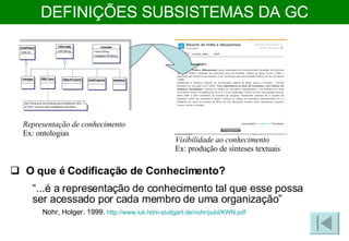 O que é Codificação de Conhecimento? “ ...é a representação de conhecimento tal que esse possa ser acessado por cada membro de uma organização” Nohr, Holger. 1999.  http://www.iuk.hdm-stuttgart.de/nohr/publ/KWN.pdf   DEFINIÇÕES SUBSISTEMAS DA GC Representação de conhecimento Ex: ontologias Visibilidade ao conhecimento Ex: produção de sínteses textuais 