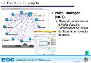 4.1 Exemplo de projeto Portal Inovação (MCT).  Mapas de conhecimento  e  Redes Sociais  e  Comunidades de Prática  do Sistema de Inovação do Brasil. 