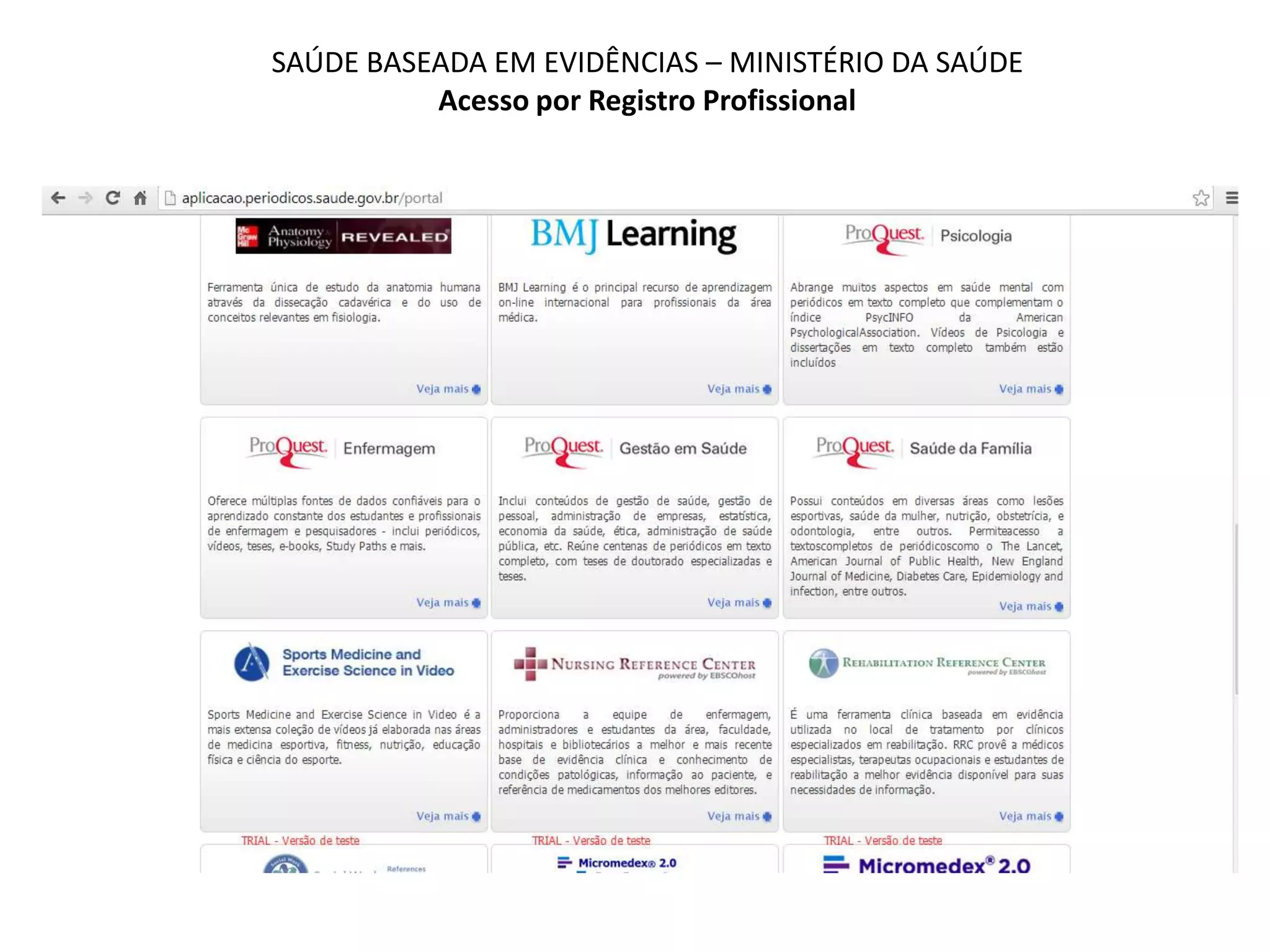 SAÚDE BASEADA EM EVIDÊNCIAS – MINISTÉRIO DA SAÚDE
Acesso por Registro Profissional
 