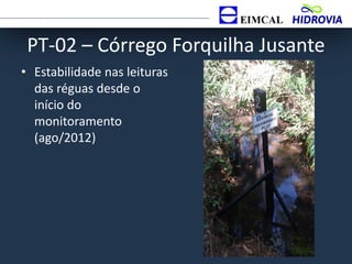 PT-02 – Córrego Forquilha Jusante
• Estabilidade nas leituras
das réguas desde o
início do
monitoramento
(ago/2012)
 