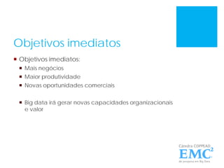 Objetivos imediatos
 Objetivos imediatos:
 Mais negócios
 Maior produtividade
 Novas oportunidades comerciais
 Big data irá gerar novas capacidades organizacionais
e valor
 
