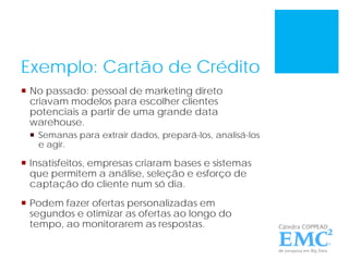 Exemplo: Cartão de Crédito
 No passado: pessoal de marketing direto
criavam modelos para escolher clientes
potenciais a partir de uma grande data
warehouse.
 Semanas para extrair dados, prepará-los, analisá-los
e agir.
 Insatisfeitos, empresas criaram bases e sistemas
que permitem a análise, seleção e esforço de
captação do cliente num só dia.
 Podem fazer ofertas personalizadas em
segundos e otimizar as ofertas ao longo do
tempo, ao monitorarem as respostas.
 