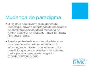 Mudança de paradigma
 O Big Data não envolve só mudança de
tecnologia, envolve adaptação de processos e
treinamentos relacionados à mudança de
gestão e análise de dados (MERITALK BIG DATA
EXCHANGE, 2013).
 A maior parte dos líderes não sabe lidar com
essa grande variedade e quantidade de
informações, e não tem conhecimento dos
benefícios que uma análise bem feita desses
dados poderia trazer ao seu negócio
(COMPUTERWORLD, 2012).
 
