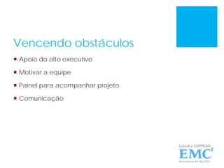 Vencendo obstáculos
 Apoio do alto executivo
 Motivar a equipe
 Painel para acompanhar projeto
 Comunicação
 