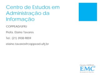 Centro de Estudos em
Administração da
Informação
COPPEAD/UFRJ
Profa. Elaine Tavares
Tel.: (21) 3938-9859
elaine.tavares@coppead.ufrj.br
 