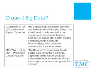 O que é Big Data?
DEMIRKAN, et. al.
(2012) (Decision
Support Systems)
“Há o desafio de gerenciar grandes
quantidades de dados (Big Data), que
está ficando cada vez maior por
causa do armazenamento mais
barato e evolução dos dados digitais
e dispositivos de coleta de
informações, como telefones
celulares, laptops, e sensores.”
MANYKA, J; et. al.
(2011) (McKinsey
Global Institute)
“Big Data refere-se a conjuntos de
dados cujo tamanho é além da
capacidade de ferramentas de
software de banco de dados típicos
para capturar, armazenar, gerenciar e
analisar.”
 