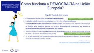 © Conteúdos: 25
Como funciona a DEMOCRACIA na União
Europeia?
Artigo 10.º Tratado da União Europeia
1. O funcionamento da União baseia-se na democraciarepresentativa.
2. Os cidadãos estãodiretamenterepresentados, ao nível da União, no ParlamentoEuropeu.
Os Estados-Membros estão representados no Conselho Europeu pelo respetivo Chefe de Estado ou de Governo e
no Conselho pelos respetivos Governos, eles próprios democraticamente responsáveis, quer perante os
respetivos Parlamentos nacionais, quer peranteos seus cidadãos.
3. Todos os cidadãos têm o direito de participar na vida democrática da União. As decisões são tomadas de forma
tão aberta e tão próxima dos cidadãos quanto possível.
4. Os partidos políticos ao nível europeu contribuem para a criação de uma consciência política europeia e para a
expressãoda vontade dos cidadãos da União.
Tratado da União Europeia
https://eur-lex.europa.eu/legal-content/PT/TXT/?uri=CELEX%3A12016M010
27 ESTADOS-MEMBROS
= 27 DEMOCRACIAS
DEMOCRACIAPARTICIPATIVA
DEMOCRACIAREPRESENTATIVA
 
