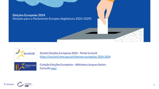 © Conteúdos: 42
Eleições Europeias 2024
Eleições para o Parlamento Europeu (legislatura 2024-2029)
Dossiê Eleições Europeias 2024 - Portal Eurocid
https://eurocid.mne.gov.pt/eleicoes-europeias-2024-2029
Coleção Eleições Europeias– BibliotecaJacques Delors
Consulte aqui
 