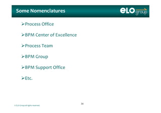 Some NomenclaturesSome Nomenclatures
Process Office
BPM Center of Excellence
Process Team
BPM GroupBPM Group
BPM Support Officepp
Etc.
© ELO Group all rights reserved.
3434
 