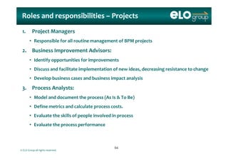 Roles and responsibilities Roles and responsibilities –– ProjectsProjects
1. Project Managers
• Responsible for all routine management of BPM projects
2. Business Improvement Advisors:
• Identify opportunities for improvementsy pp p
• Discuss and facilitate implementation of new ideas, decreasing resistance to change
• Develop business cases and business impact analysisp p y
3. Process Analysts:
• Model and document the process (As Is & To Be)Model and document the process (As Is & To Be)
• Define metrics and calculate process costs.
• Evaluate the skills of people involved in processEvaluate the skills of people involved in process
• Evaluate the process performance
© ELO Group all rights reserved.
6464
 