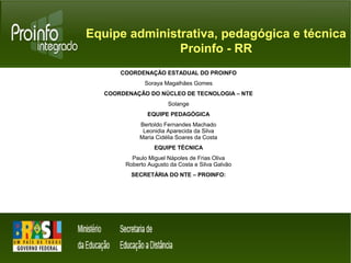 Equipe administrativa, pedagógica e técnica 
Proinfo - RR 
COORDENAÇÃO ESTADUAL DO PROINFO 
Soraya Magalhães Gomes 
COORDENAÇÃO DO NÚCLEO DE TECNOLOGIA – NTE 
Solange 
EQUIPE PEDAGÓGICA 
Bertoldo Fernandes Machado 
Leonidia Aparecida da Silva 
Maria Cidélia Soares da Costa 
EQUIPE TÉCNICA 
Paulo Miguel Nápoles de Frias Oliva 
Roberto Augusto da Costa e Silva Galvão 
SECRETÁRIA DO NTE – PROINFO: 
