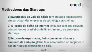 Motivadores das Start ups
1)Investidores do Vale do Silício tem crescido em interesse
em participar das empresas de tecnologia brasileiras;
2) O legado da bolha da internet ainda faz com que existam
poucos fundos brasileiros de financiamento de empresas
start ups;
3)Retorno de expatriados, links com universidades e
aumento da ambição global tem sido centrais no surgimento
das start ups de tecnologia no país.
 
