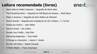  Steve Jobs by Walter Isaacson :: biografia do Steve Jobs
 The Everything Store :: biografia do Jeff Bezos da Amazon :: Brad Stone
 Made in America :: biografia do Sam Walton do Walmart
 Sonho Grande :: biografia dos fundadores do 3G e Ambev :: C. Correa
 Paixão por Vencer :: Jack Welch
 Good to Great :: Jim Collins
 Double Your Profits :: Bob Fifer
 Delivering Happiness :: Tony Hsieh
 O Monge e o Executivo :: James C. Hunter
 Pai Rico Pai Pobre :: Robert Kiyosaki
 O Efeito Medici :: Frans Johansson
Leitura recomendada (livros)
 